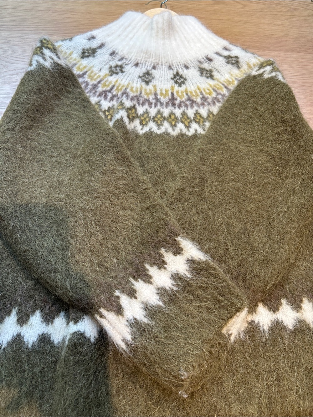 rag & bone Olive and White Mohair Blend Fair Isle Turtleneck Sweater